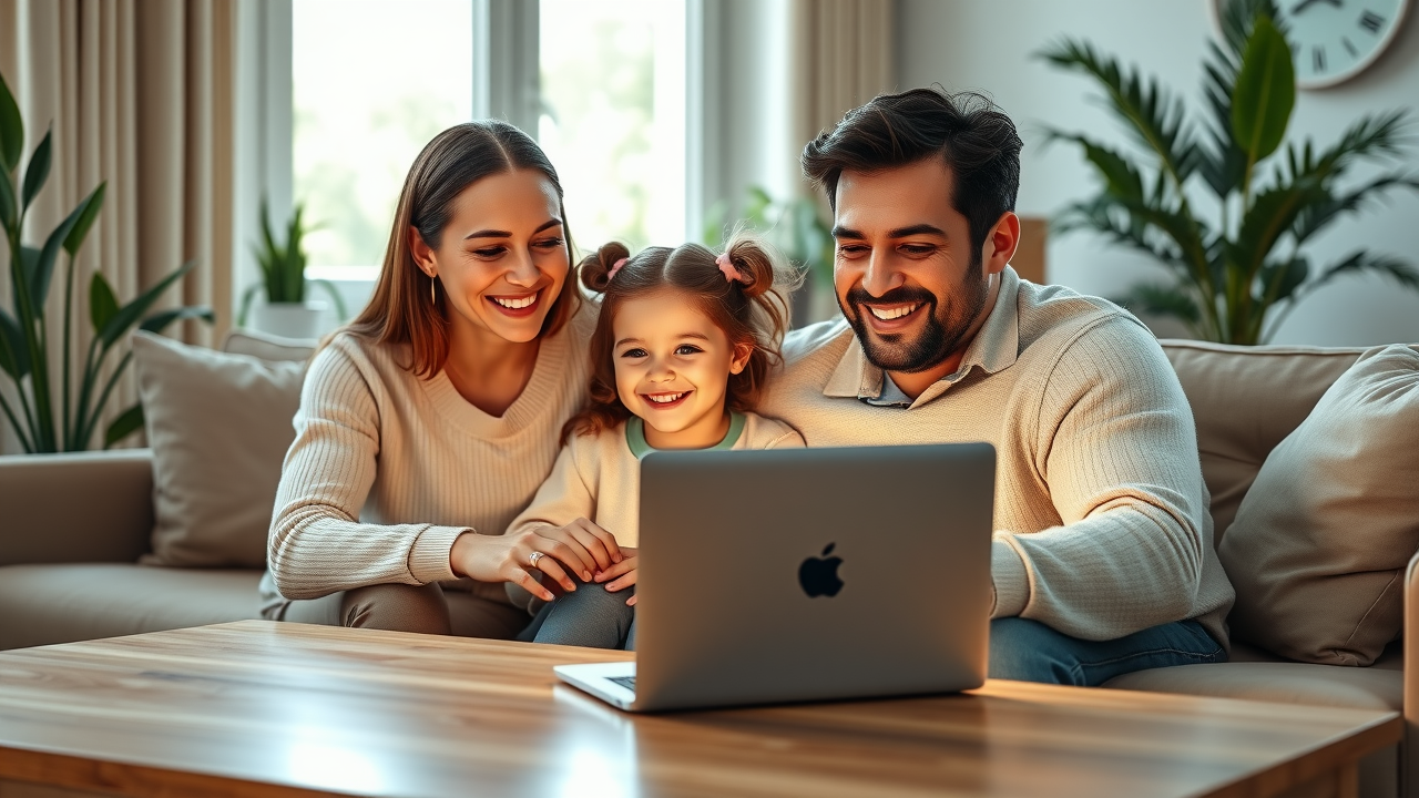 A happy family at home receiving a telehealth consultation on a laptop,