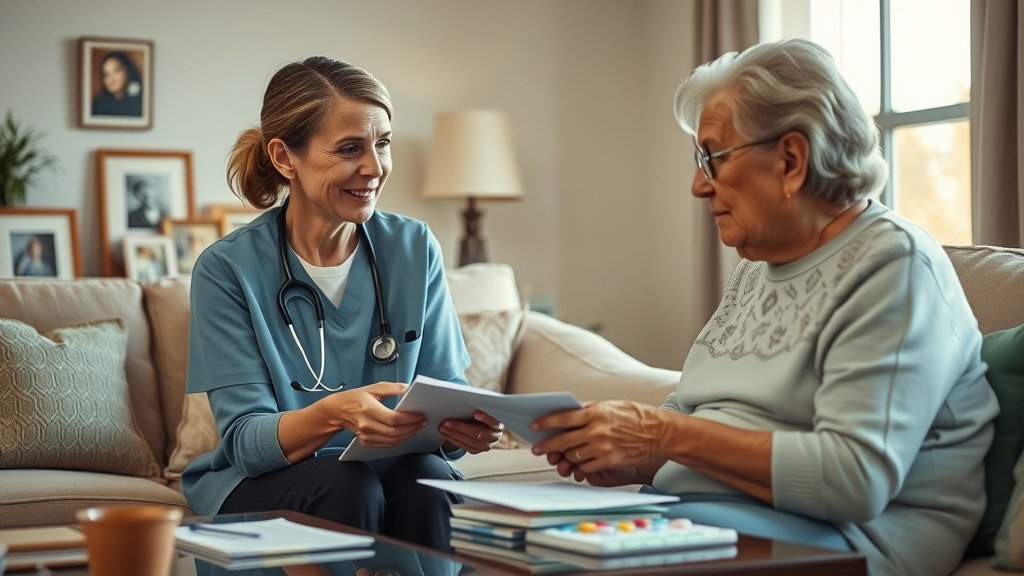 compassionate community health worker assisting elderly patient with engagement questions during a home visit