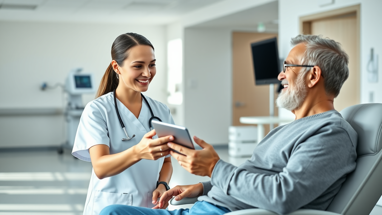 A nurse handing a patient a digital tablet to fill out a feedback survey, representing real-time patient input.