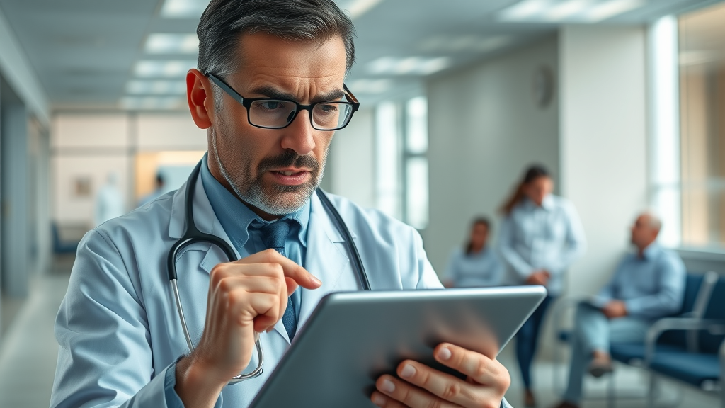 doctor rating management - stressed medical professional reviewing negative online feedback in a modern clinic office