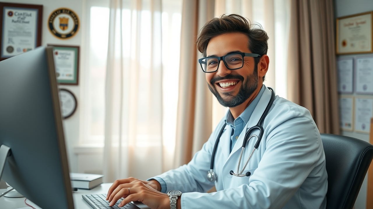 doctor rating management - confident doctor replying to online patient reviews in a clinical office