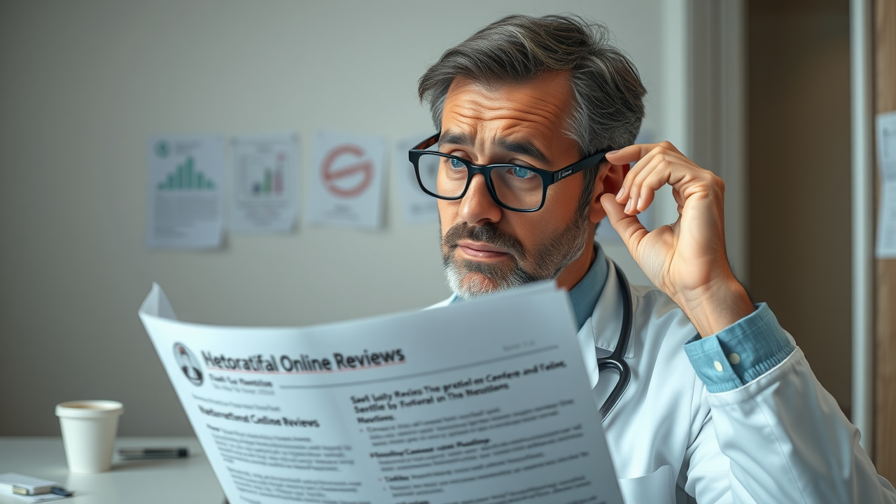 doctor rating management - concerned physician reading negative online reviews in a clinic