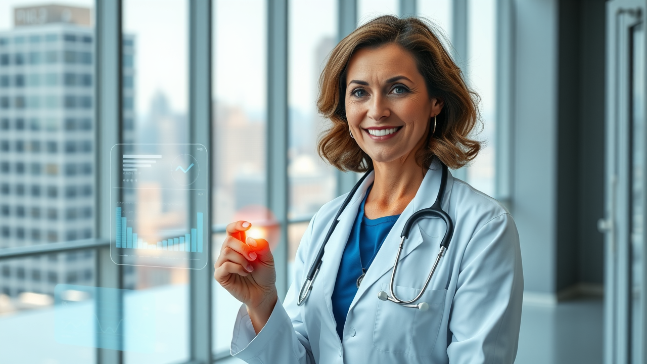 A professional, confident middle-aged female doctor in a crisp white lab coat, wearing a subtle, reassuring smile, actively engaging with a sleek digital interface