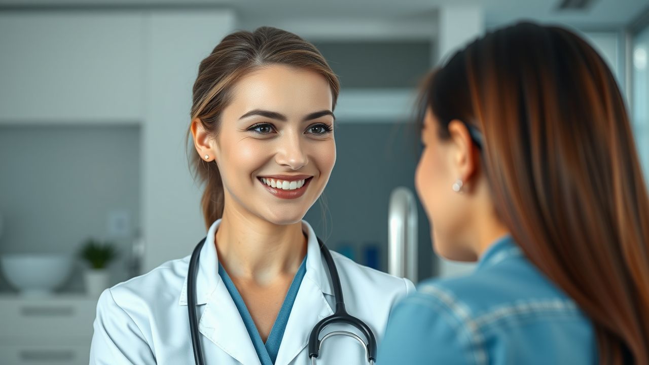 a happy female medical professional, focused and approachable expression, sharing expert advice on patient