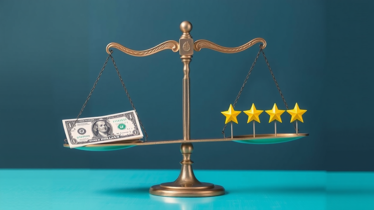A scale balancing money on one side and star ratings on the other, symbolizing the cost of poor reputation management.