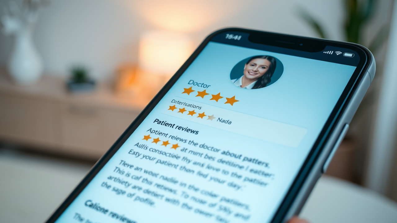 A close-up of a smartphone screen showing a doctor’s profile with both positive and negative reviews.