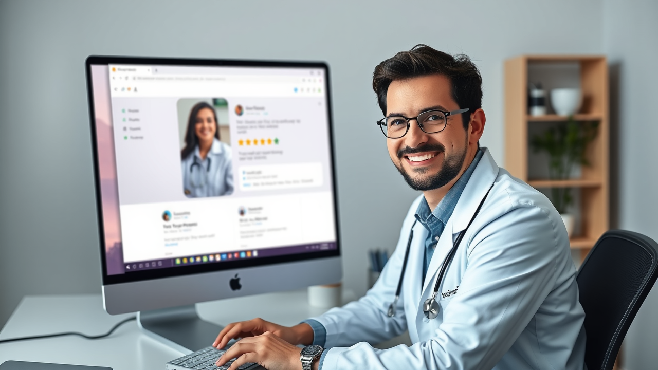 A doctor confidently smiling at a computer screen while responding to patient reviews online.