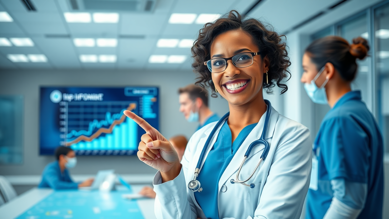 confident female healthcare executive inspiring smile pointing to chart showing improvement