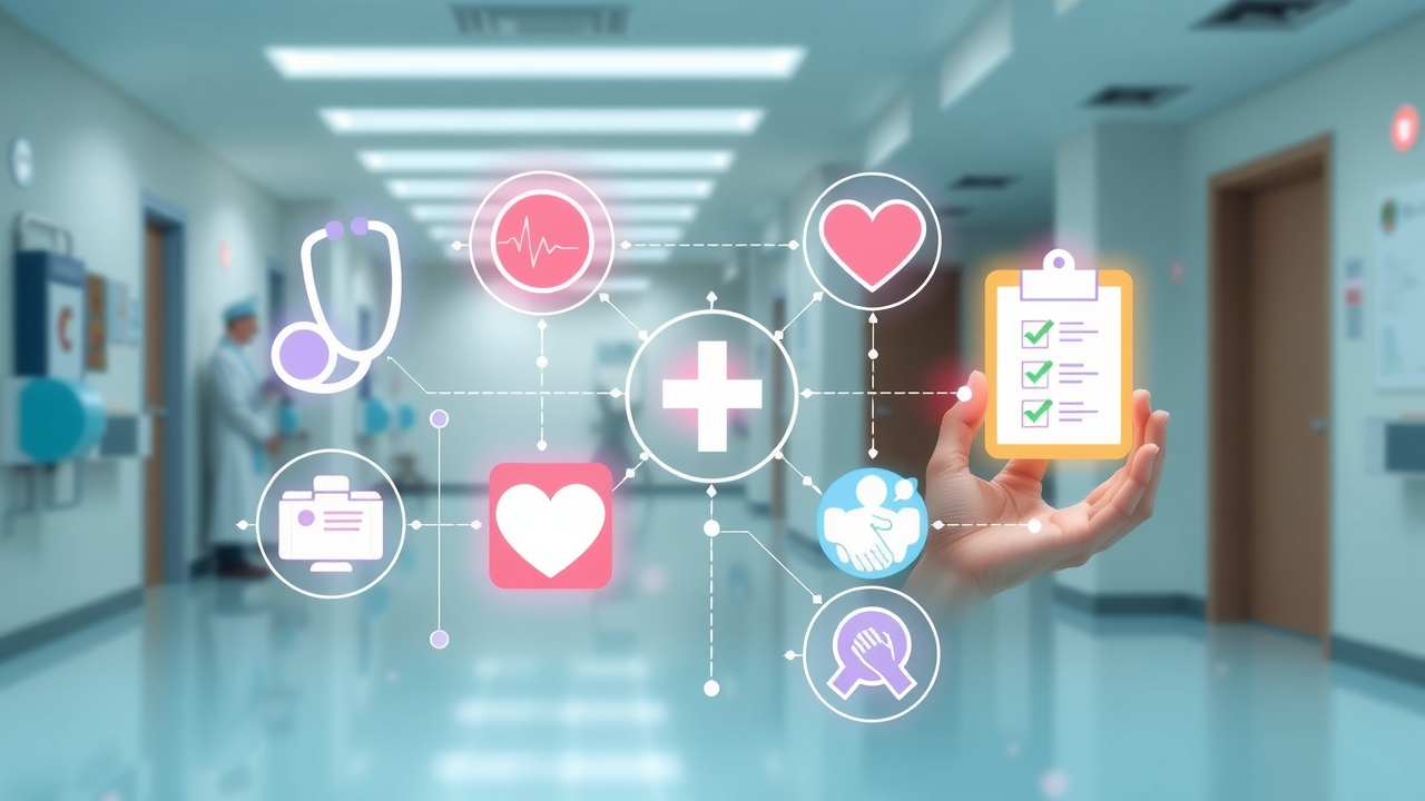 conceptual illustration of critical components of healthcare service quality, featuring symbolic healthcare icons such as a stethoscope, medical cross, heart monitor, clipboard with checklist, and caring hands