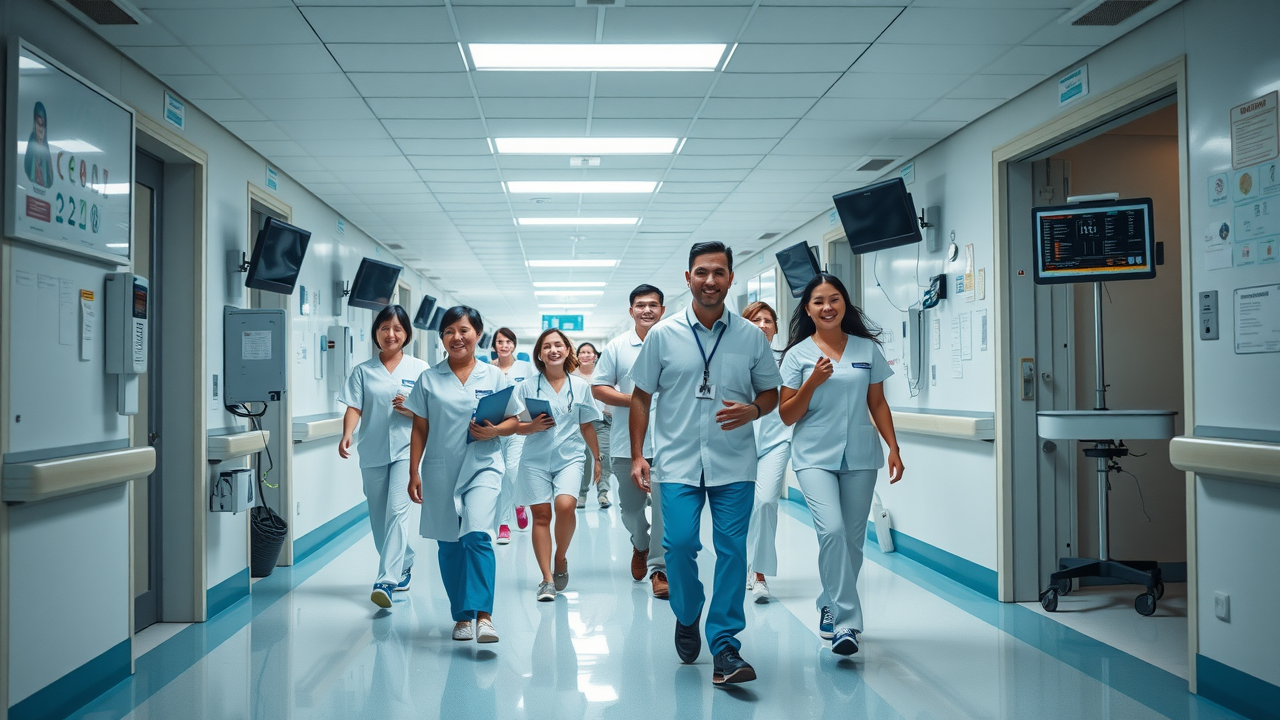 busy hospital corridor, energetic staff teamwork, modern hospital equipment, white and teal colors, overhead lighting