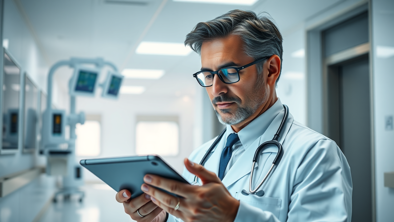 doctor with attentive expression, reviewing real-time patient feedback on a sleek digital tablet
