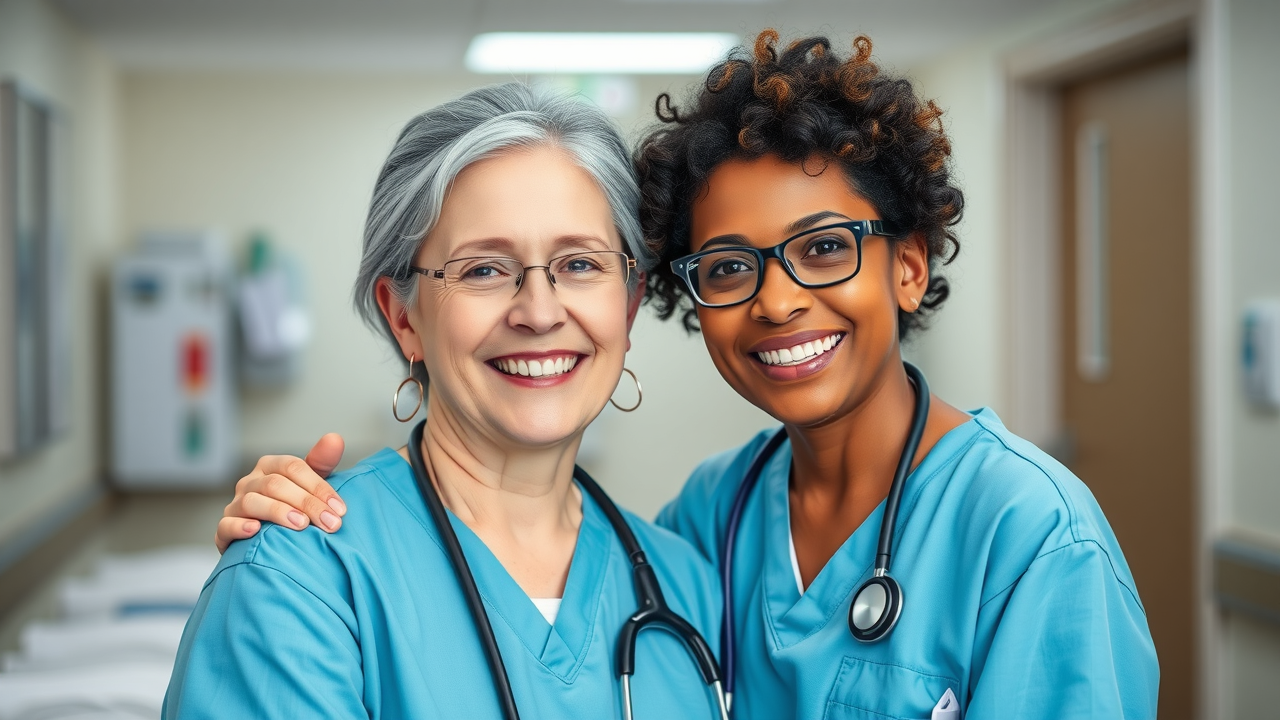 2 diverse, friendly nurses in a hospital setting