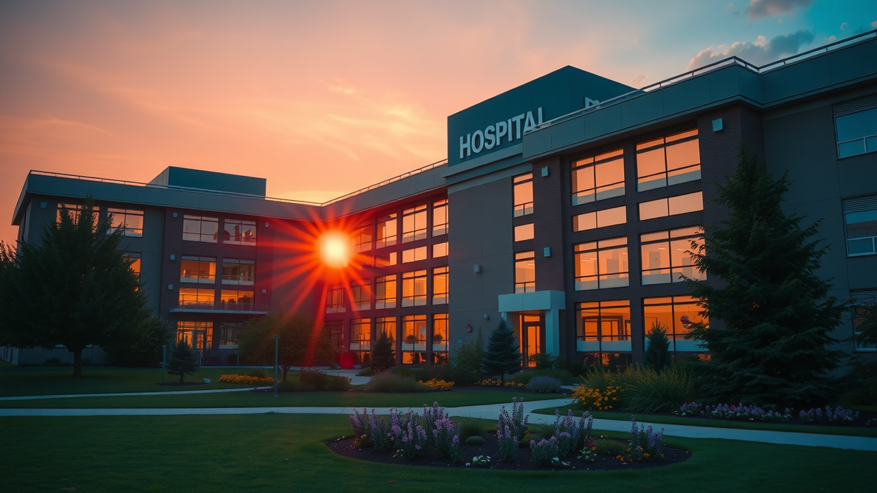 inspiring sunrise over hospital building hopeful ambiance hospital dawn landscaped garden pink gold hues