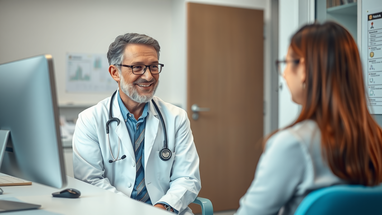 friendly doctor answering patient questions welcoming expression consultation room medical charts computer