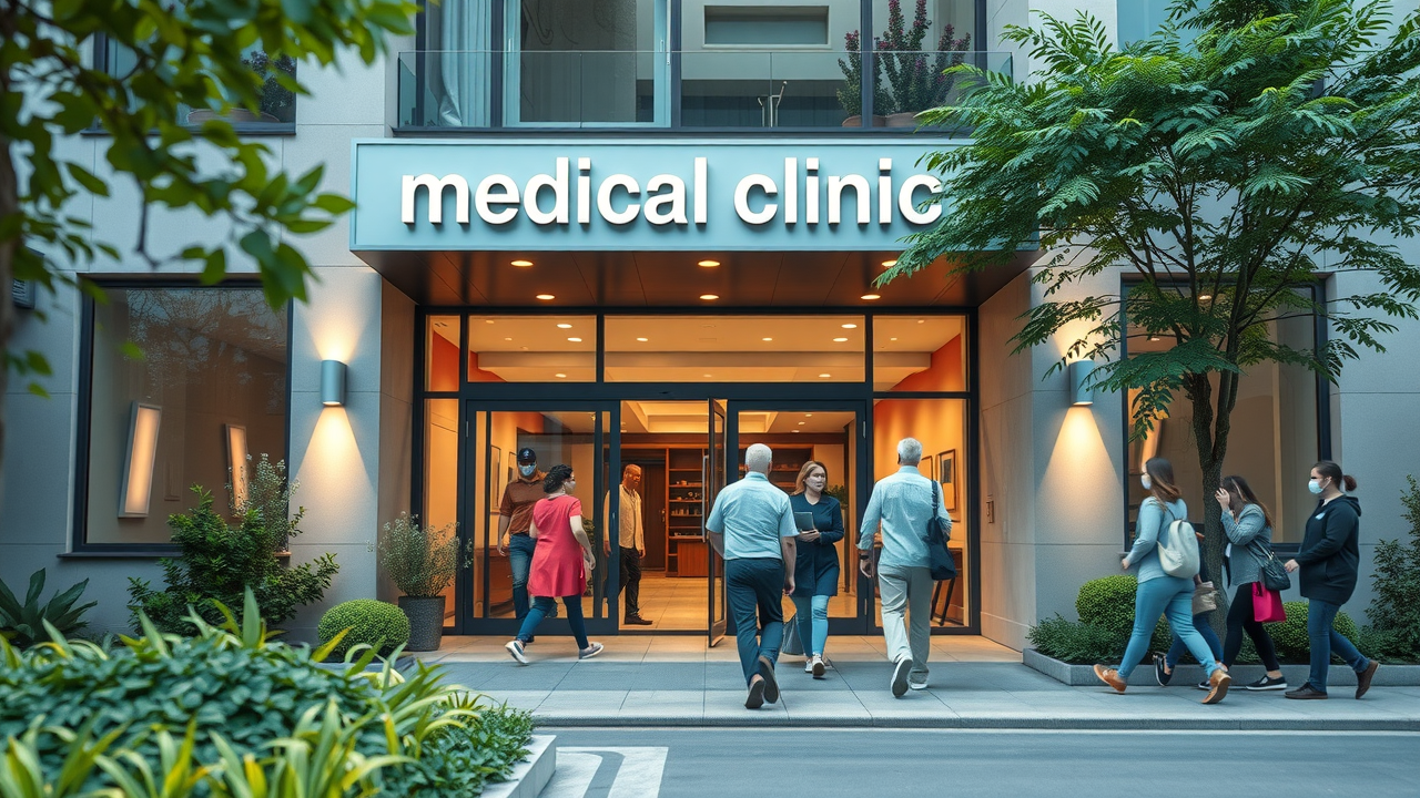 medical practice brand awareness modern medical practice front with signage welcoming patients, healthcare branding