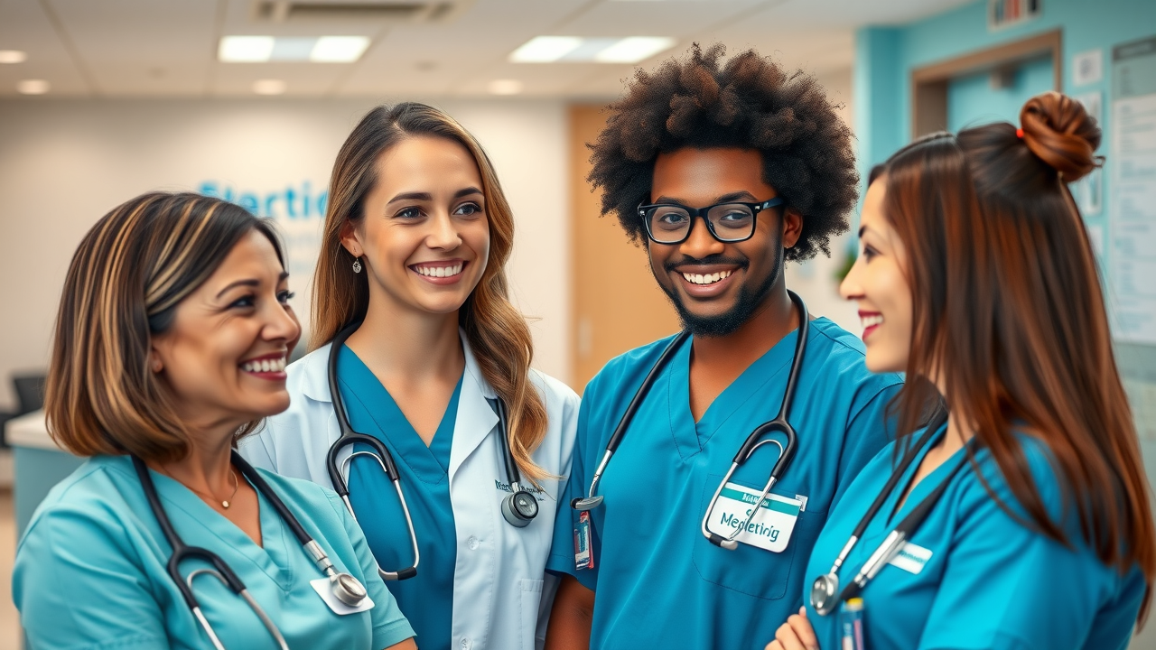 healthcare branding medical professionals in uniforms with clinic branding engaging with patients