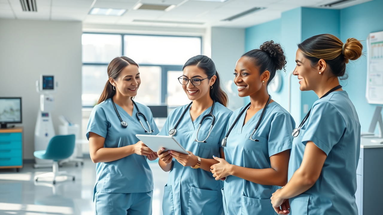 Medical staff working together in a well-branded office with consistent colors, uniforms, and signage.