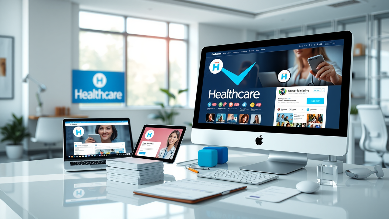 crisp medical logo, pristine business cards, vibrant website interfaces, and polished social media profile pages