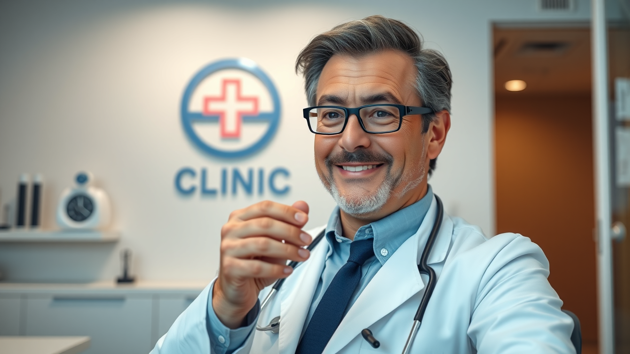 A doctor recording a short video for social media with professional lighting and the clinic’s logo in the background.
