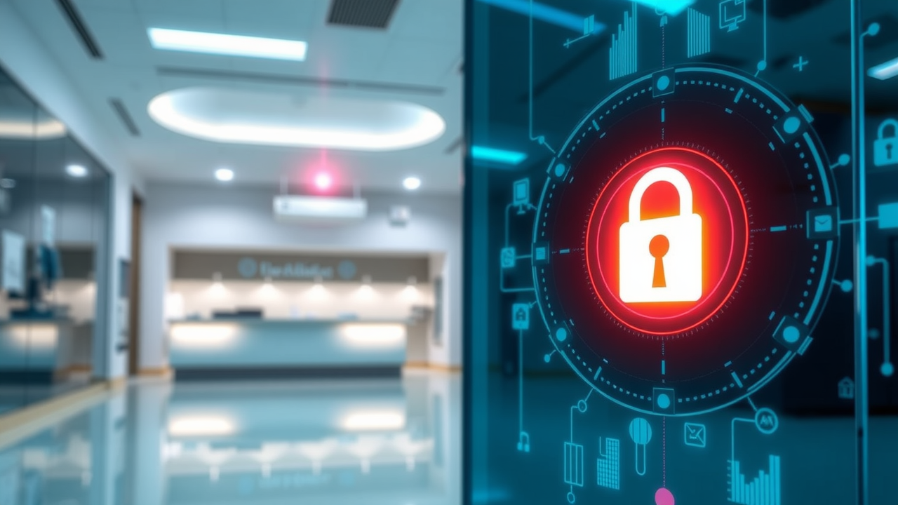 A modern healthcare clinic with a glowing key unlocking a digital lock, symbolizing brand strategy secrets unlocking growth.