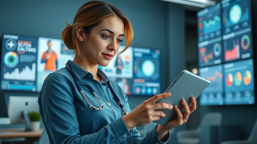 engaged female healthcare marketer researching healthcare brand strategy on digital tablet