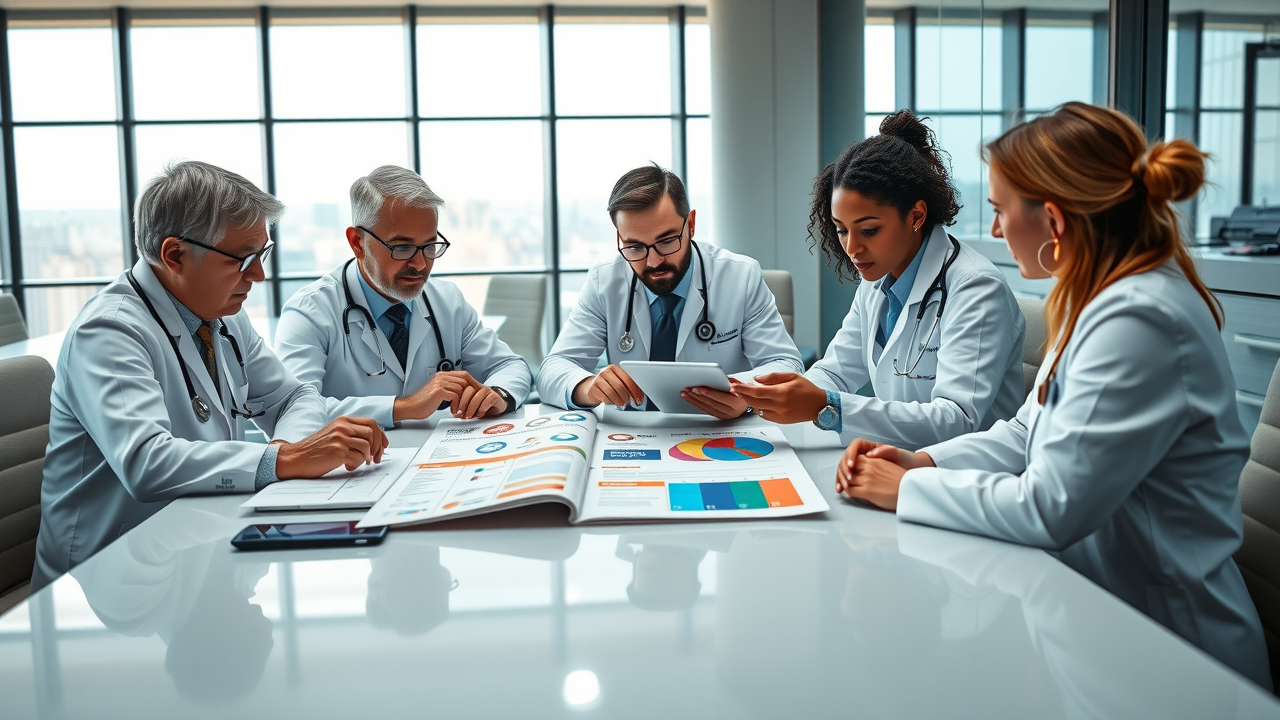 A team of doctors and marketing professionals collaborating at a table, reviewing a colorful brand style guide with logos, fonts, and color palettes.