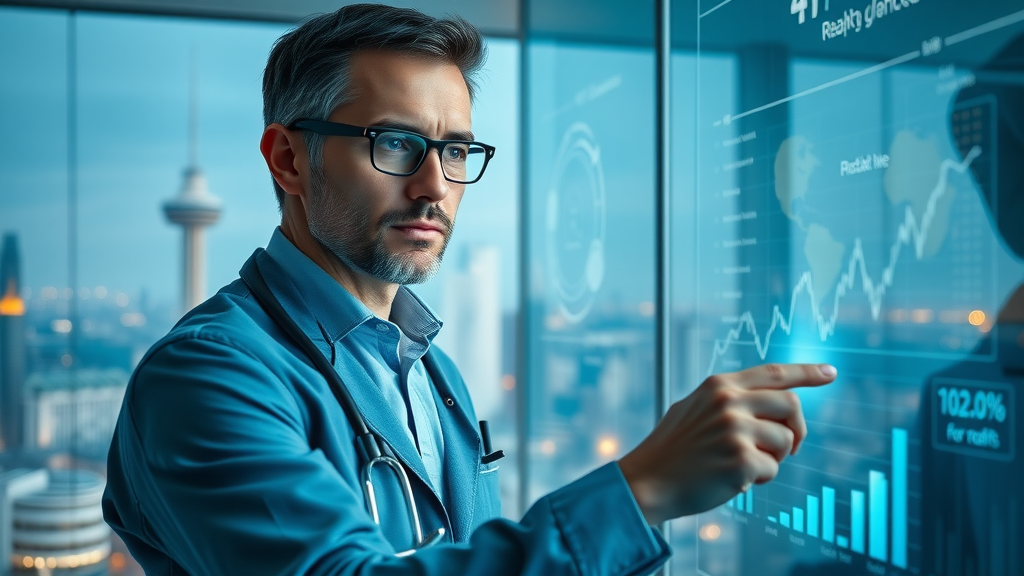 analytical healthcare marketer using market research charts in glass-walled office for healthcare brand strategy
