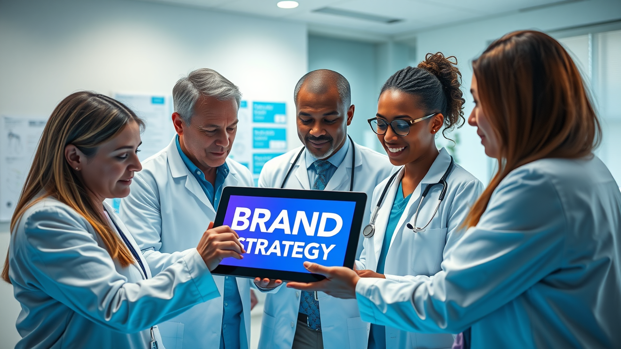 healthcare marketing team collaborating around a sleek digital tablet displaying a unified