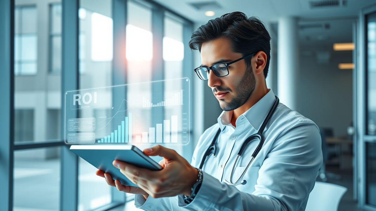 modern healthcare office setting with a confident doctor, focused and analytical expression, reviewing detailed charts and graphs on a digital tablet,