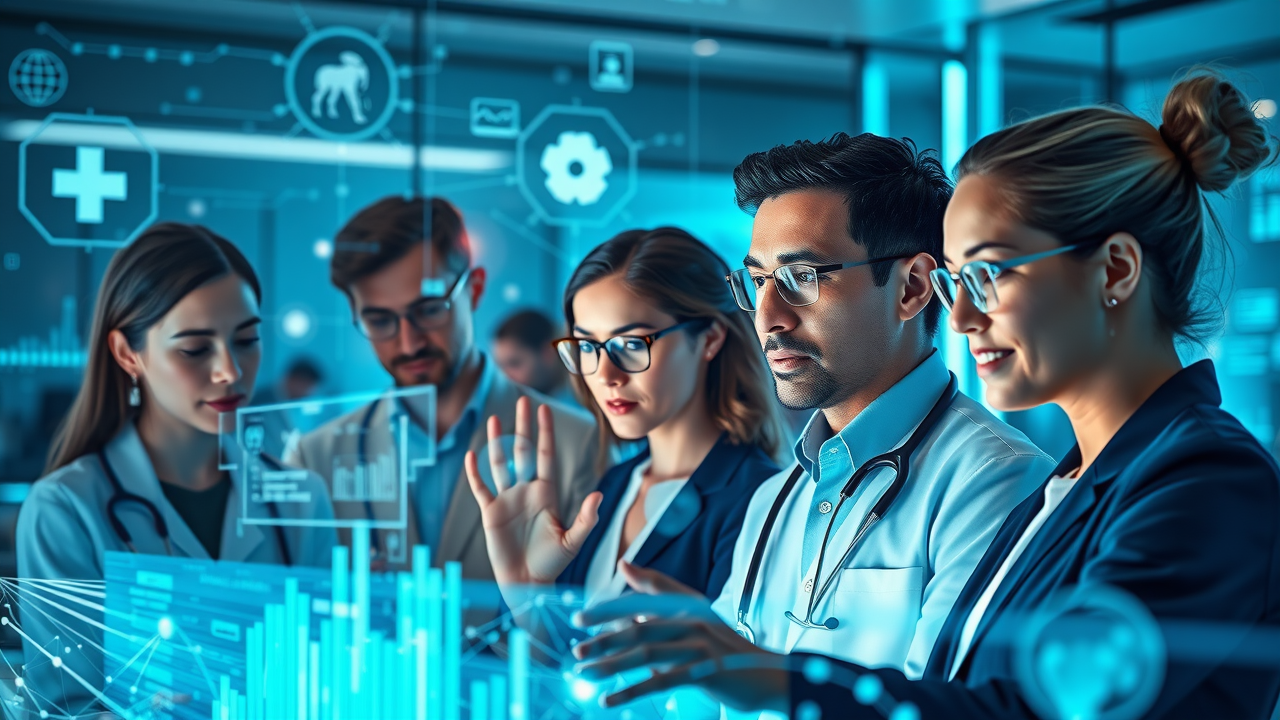Futuristic, sleek digital illustration of a dynamic healthcare brand strategy concept, featuring interconnected holographic charts, futuristic medical icons, and diverse doctors