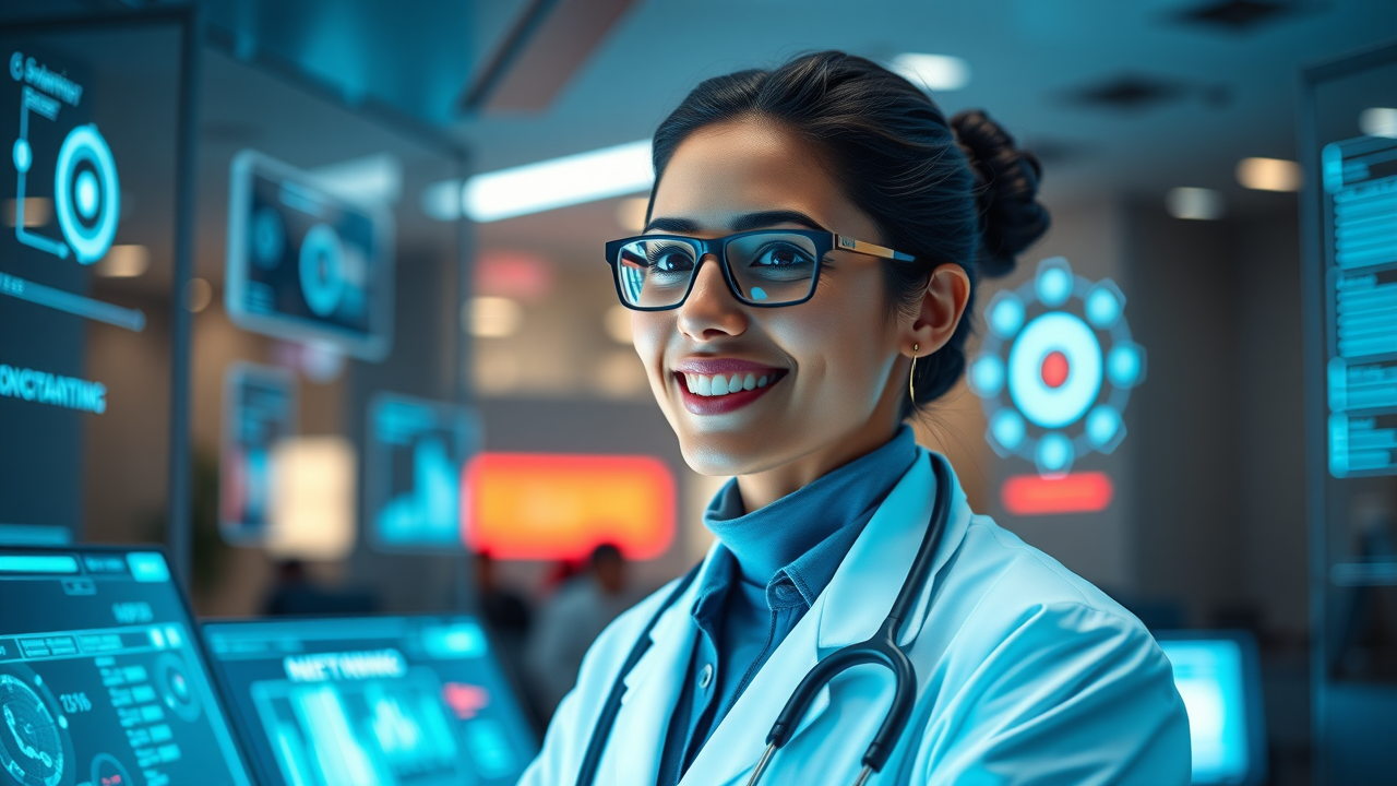 young doctor happy but with a focused expression, actively driving growth through personalization and innovation,