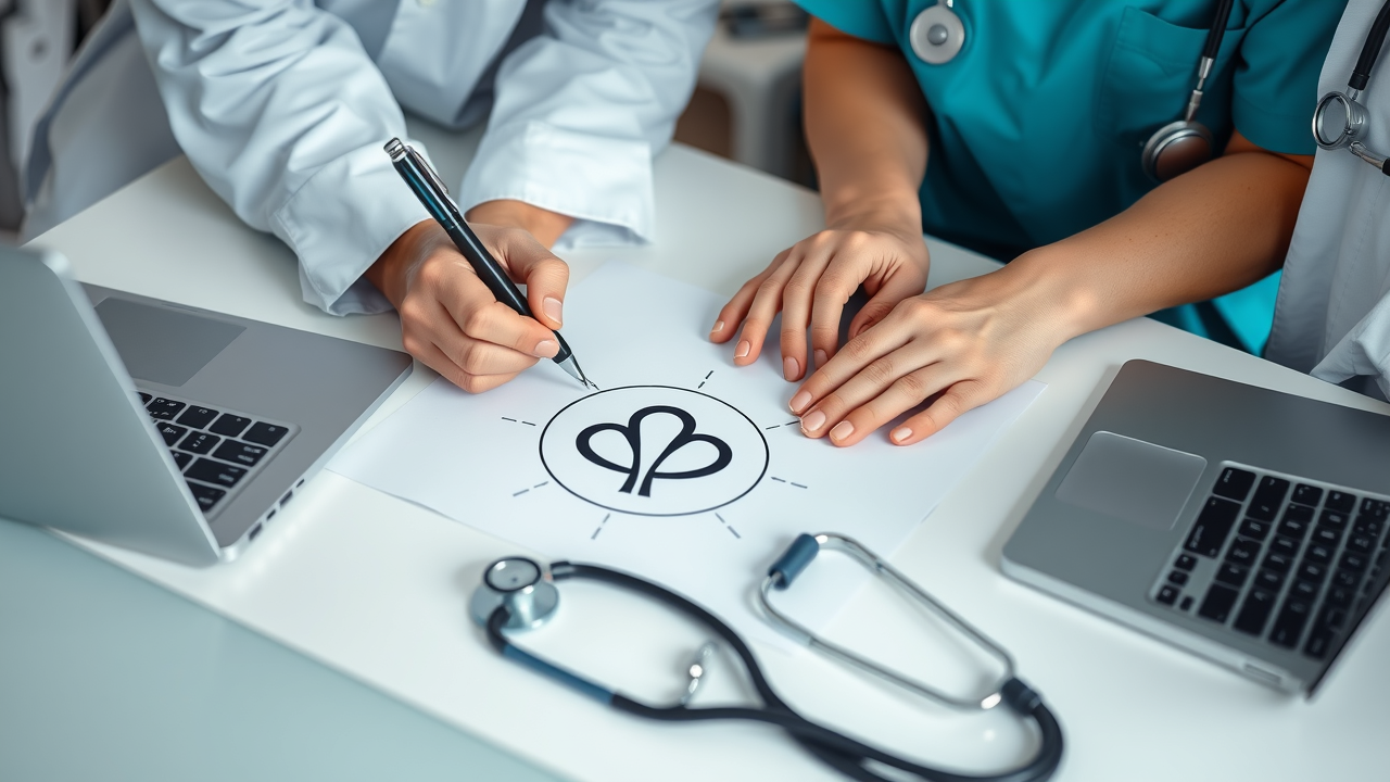Close-up of hands of medical staff and marketers sketching a logo concept on paper with stethoscopes and laptops on the table.