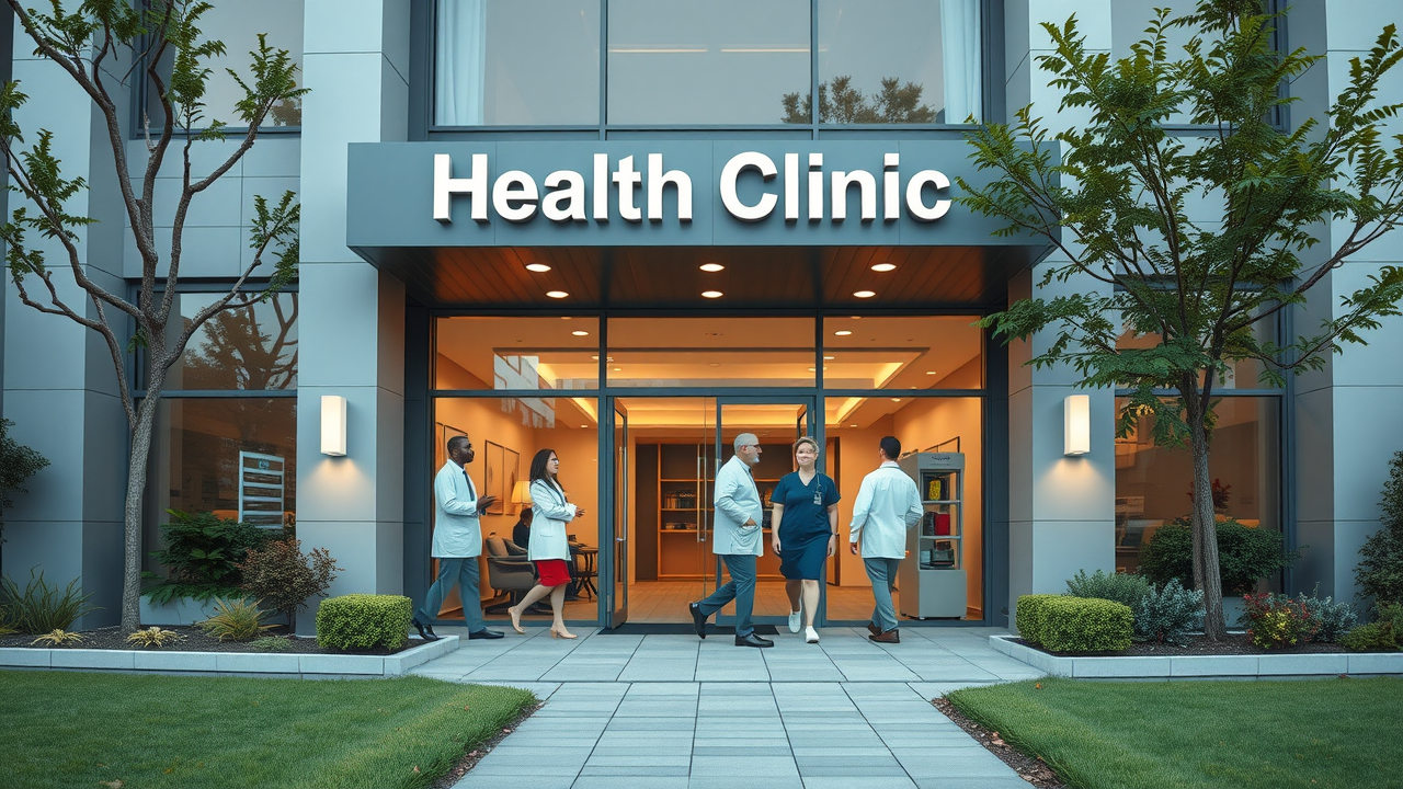 dynamic healthcare clinic exterior conveying trust and innovation, medical branding techniques