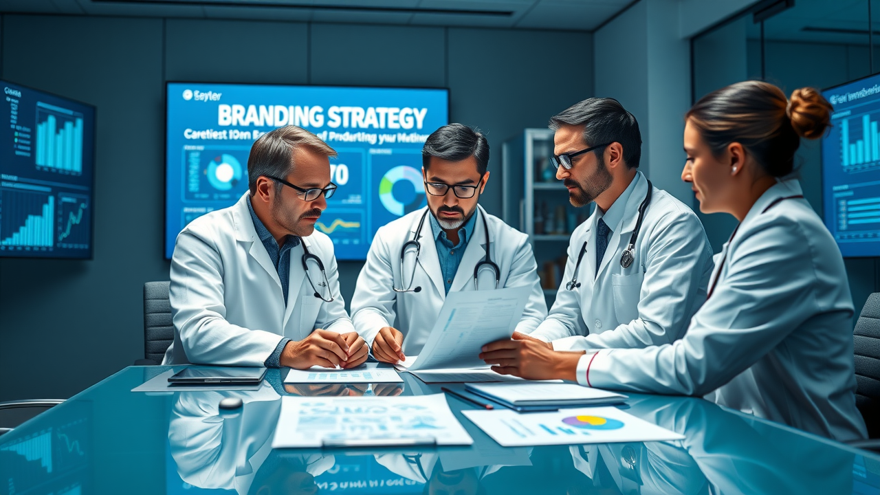 professional medical marketing team analyzing branding strategies, healthcare brand identity