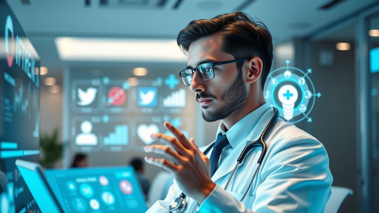 professional medical marketer, focused and engaged, strategizing social media alignment with medical branding techniques