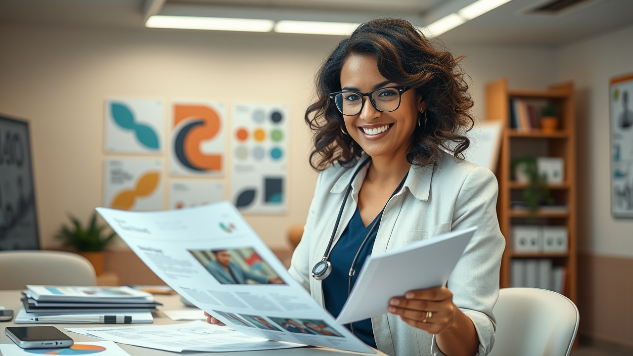 dedicated healthcare brand manager reviewing cohesive medical branding materials