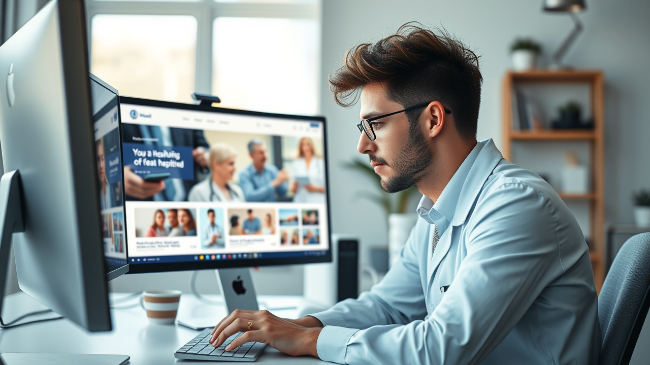 young healthcare marketer creating social media graphics for medical branding techniques