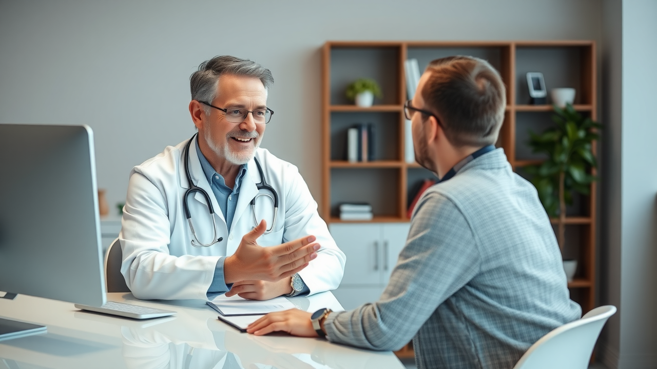 A friendly doctor consulting a patient in a well-branded clinic office with posters, colors, and logo elements matching the clinic’s identity.