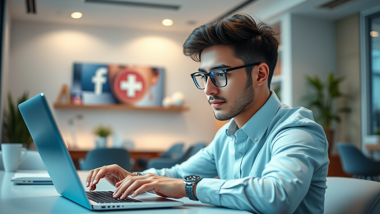 A social media manager creating branded content for a medical clinic, with icons of Facebook, Instagram, and LinkedIn in the background.