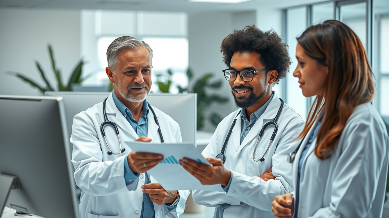 healthcare digital marketing provider team collaborating with data charts in a hospital office