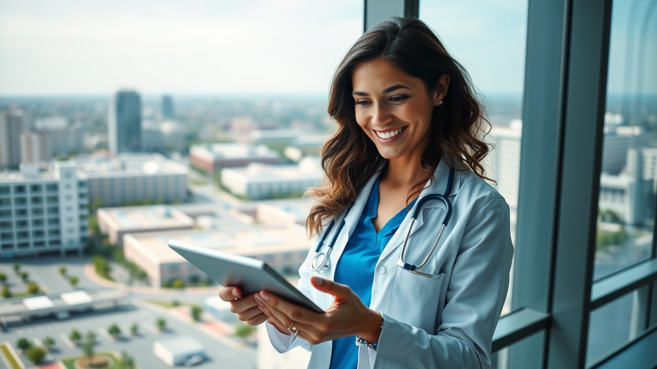 hospital administrator analyzing campaign performance with city hospital campus backdrop