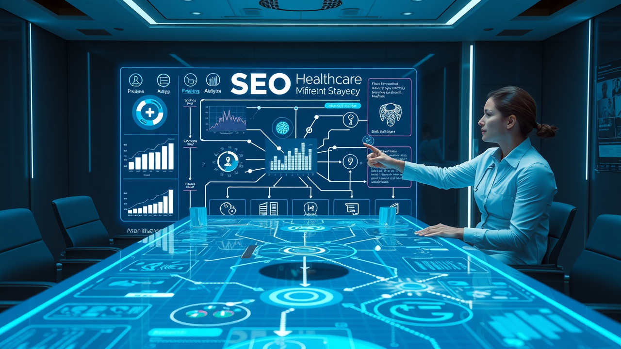 digital healthcare marketing roadmap showing SEO and content strategy board in futuristic meeting