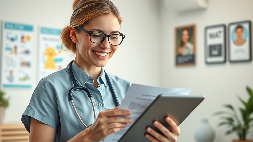 empathetic healthcare provider creating educational content on tablet in medical office