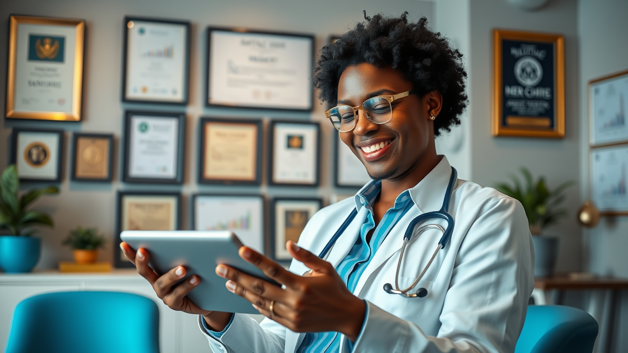 healthcare administrator reviewing marketing agency profiles with comparison charts in office