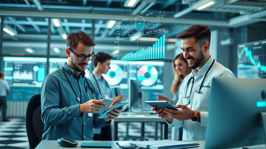 motivated healthcare marketing team managing campaigns in tech-savvy office