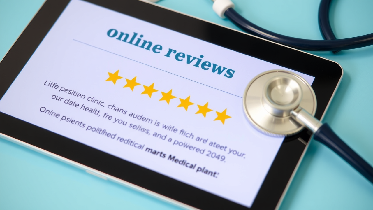 Close-up of a tablet displaying positive online reviews for a medical clinic, with a stethoscope nearby to represent healthcare.