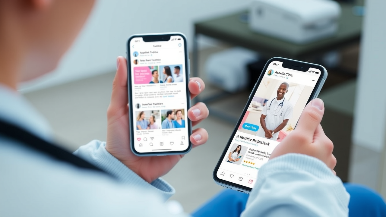 Healthcare professional scrolling through social media on a smartphone, with patient feedback and clinic ads visible on screen.