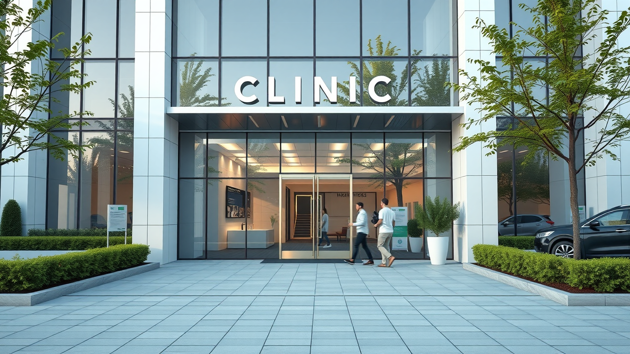 Modern hospital front entrance with digital signage promoting patient services and brand messaging.