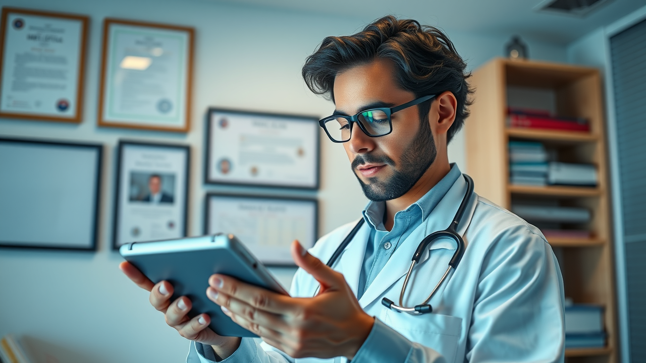 confident healthcare provider analyzing online patient reviews on a tablet, focusing on clinic reputation management
