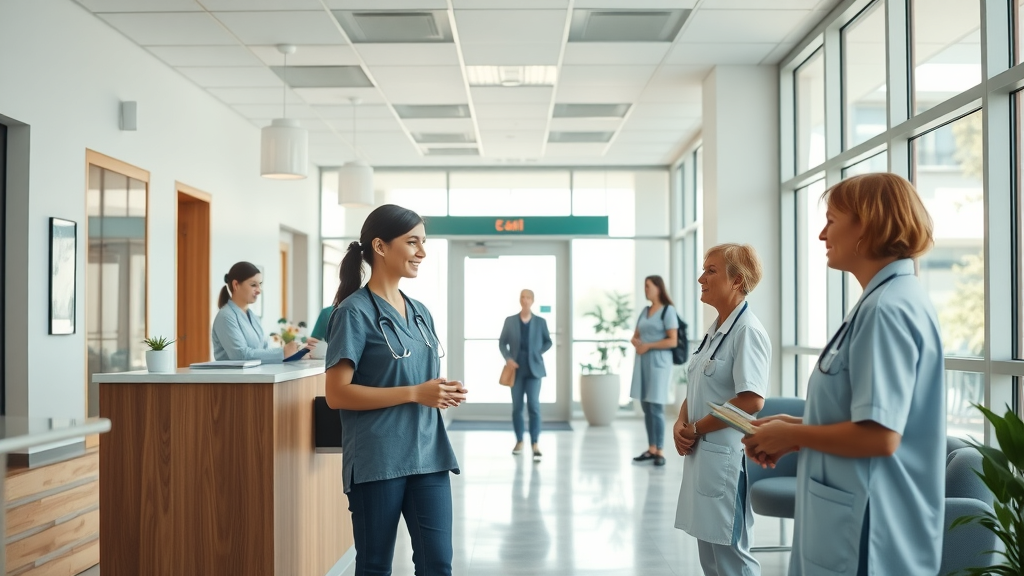 professional healthcare clinic reception area with friendly staff, showcasing excellent clinic reputation management